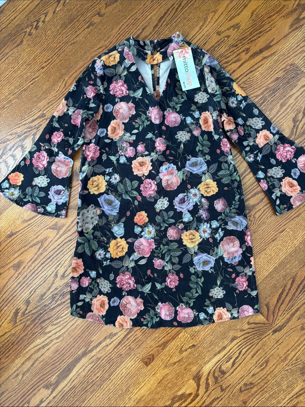 Mittoshop corduroy floral print bell sleeve dress midi small S